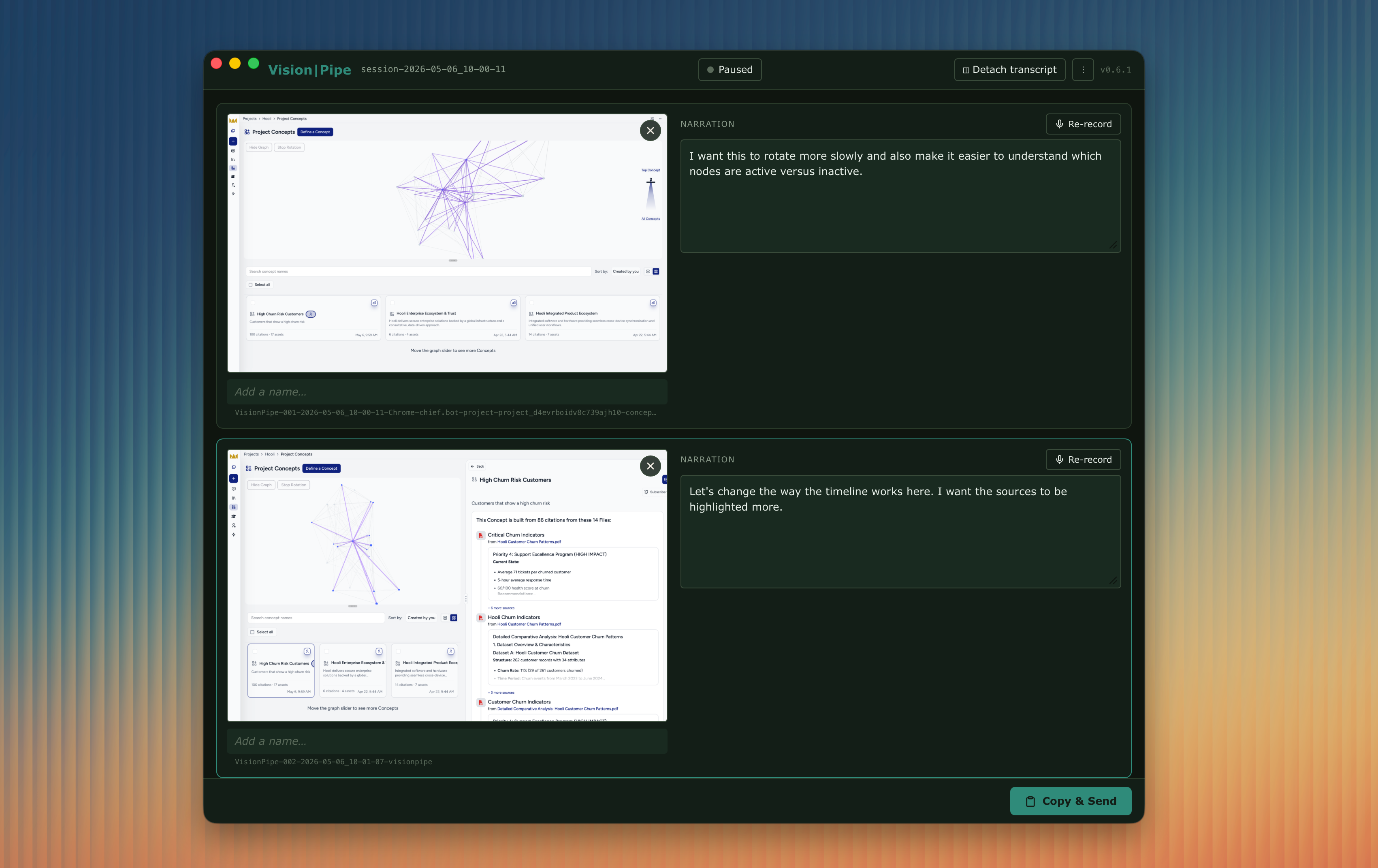 Vision|Pipe session view showing two screenshots with split-pane narration