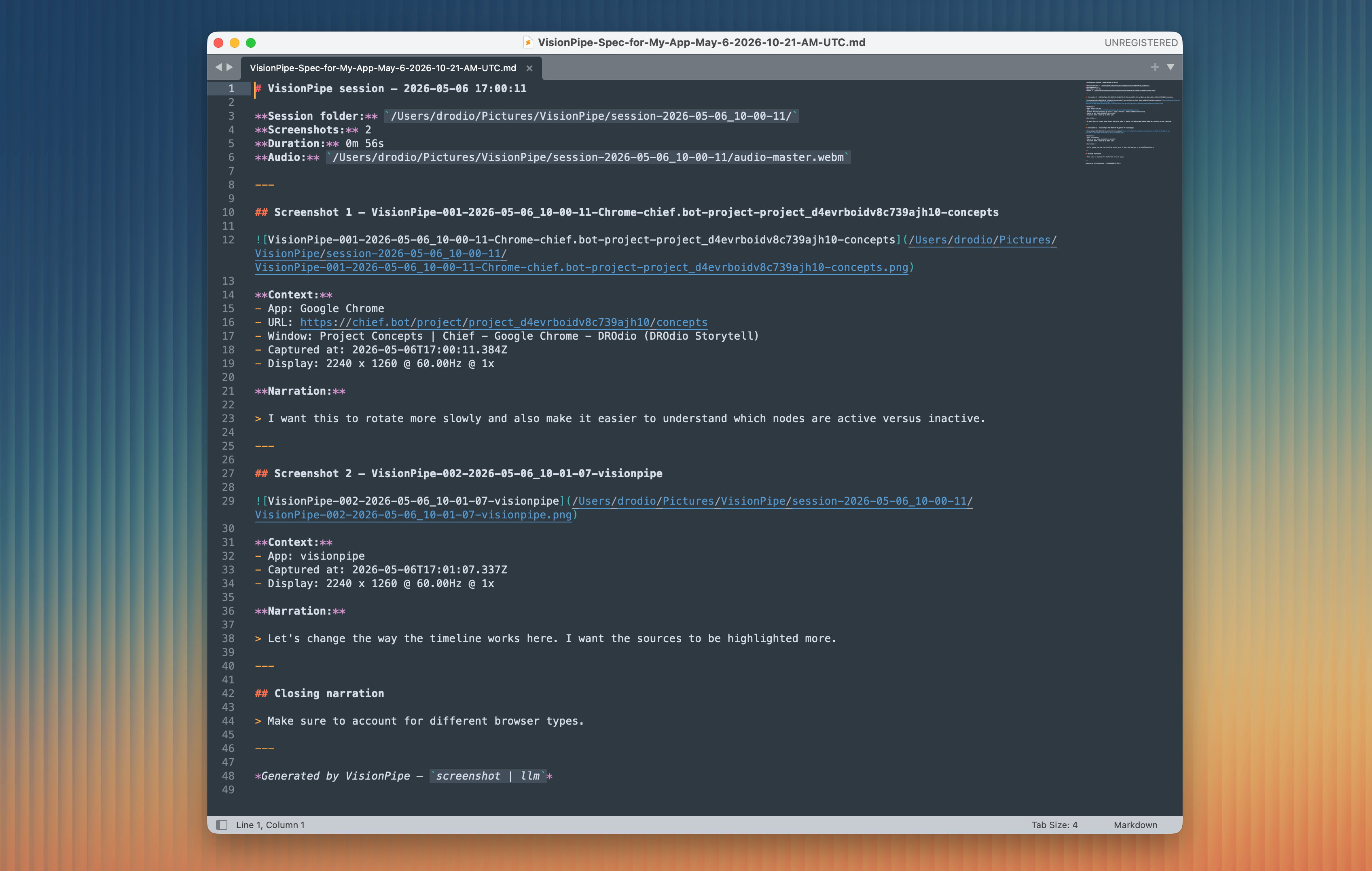 Editor showing the rendered transcript.md LLM Spec output
