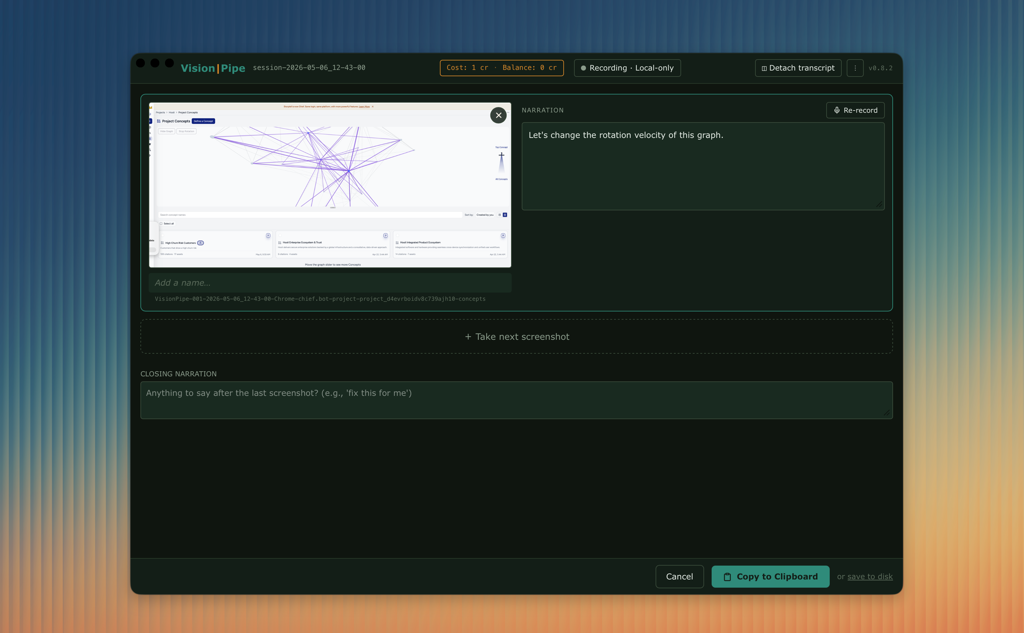 Vision|Pipe session window with one screenshot and its narration field side-by-side